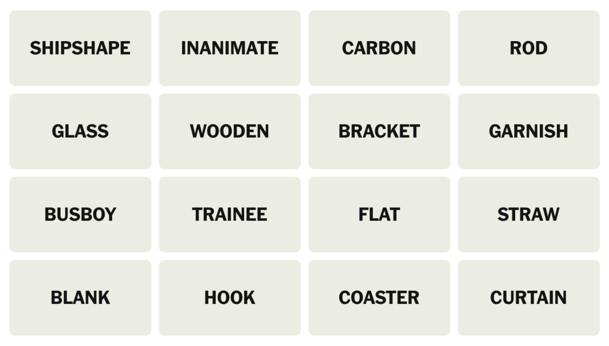 NYT Connections Board pour le 16 juin 2025: Shipshape, inanime, carbone, canne, verre, bois, support, garniture, busboy, stagiaire, plat, paille, vide, crochet, caboteur, rideau.