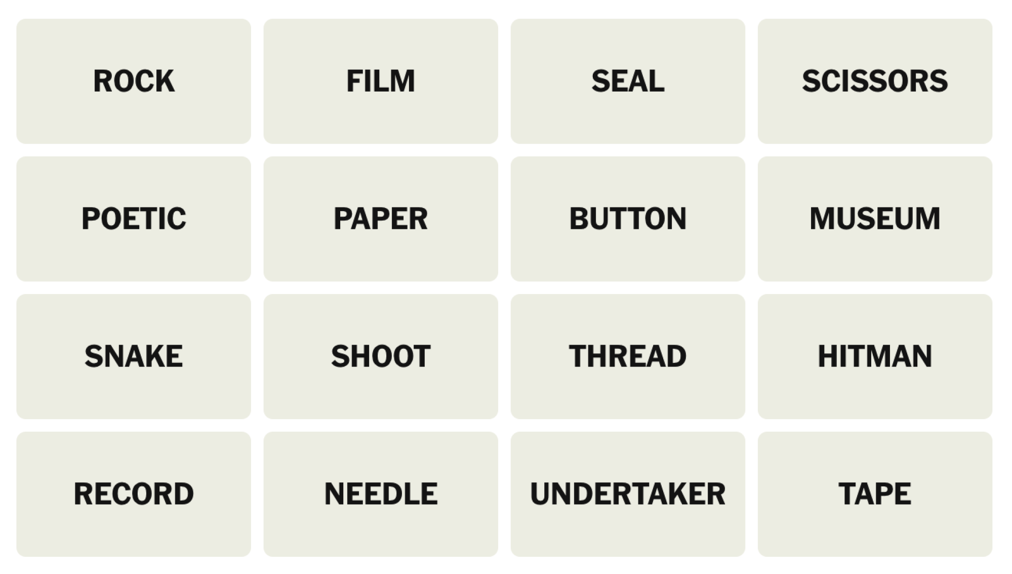 NYT Connections Board pour le 20 juin 2025: rock, film, phoque, ciseaux, poétique, papier, bouton, musée, serpent, tournage, fil, hitman, disque, aiguille, Undertaker, bande.