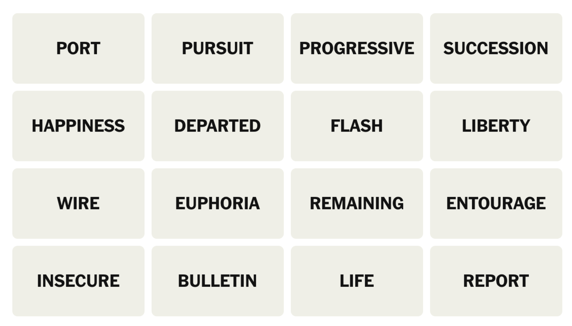 NYT Connections Board pour le 22 juin 2025: port, poursuite, progressiste, succession, bonheur, parti, flash, liberté, fil, euphorie, restant, entourage, insécurité, bulletin, vie, rapport.