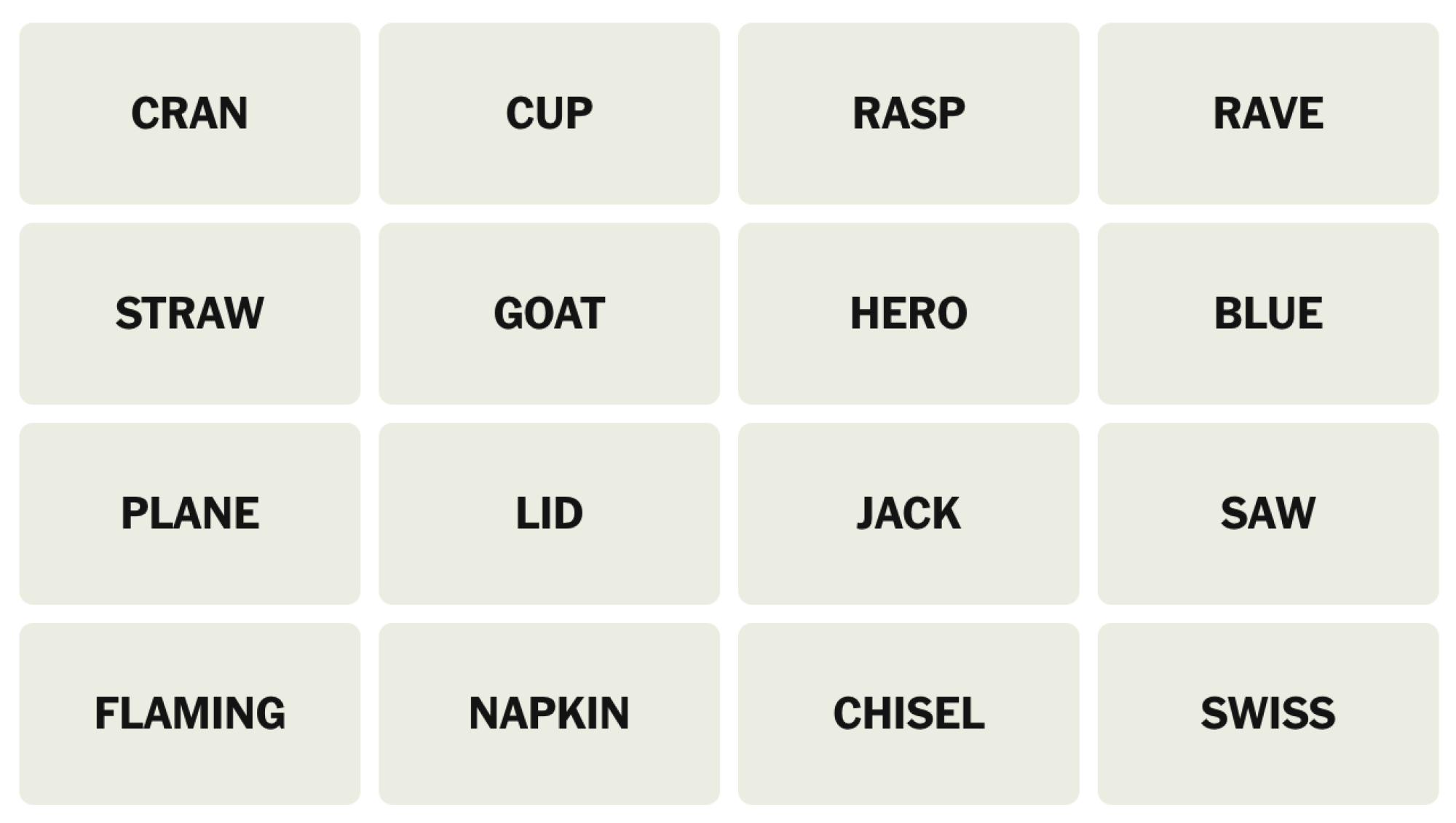 NYT Connections Board pour le 25 juin 2025: Cran, coupe, râpe, rave, paille, chèvre, héros, bleu, avion, couvercle, jack, scie, flamboyant, serviette, burin, suisse.