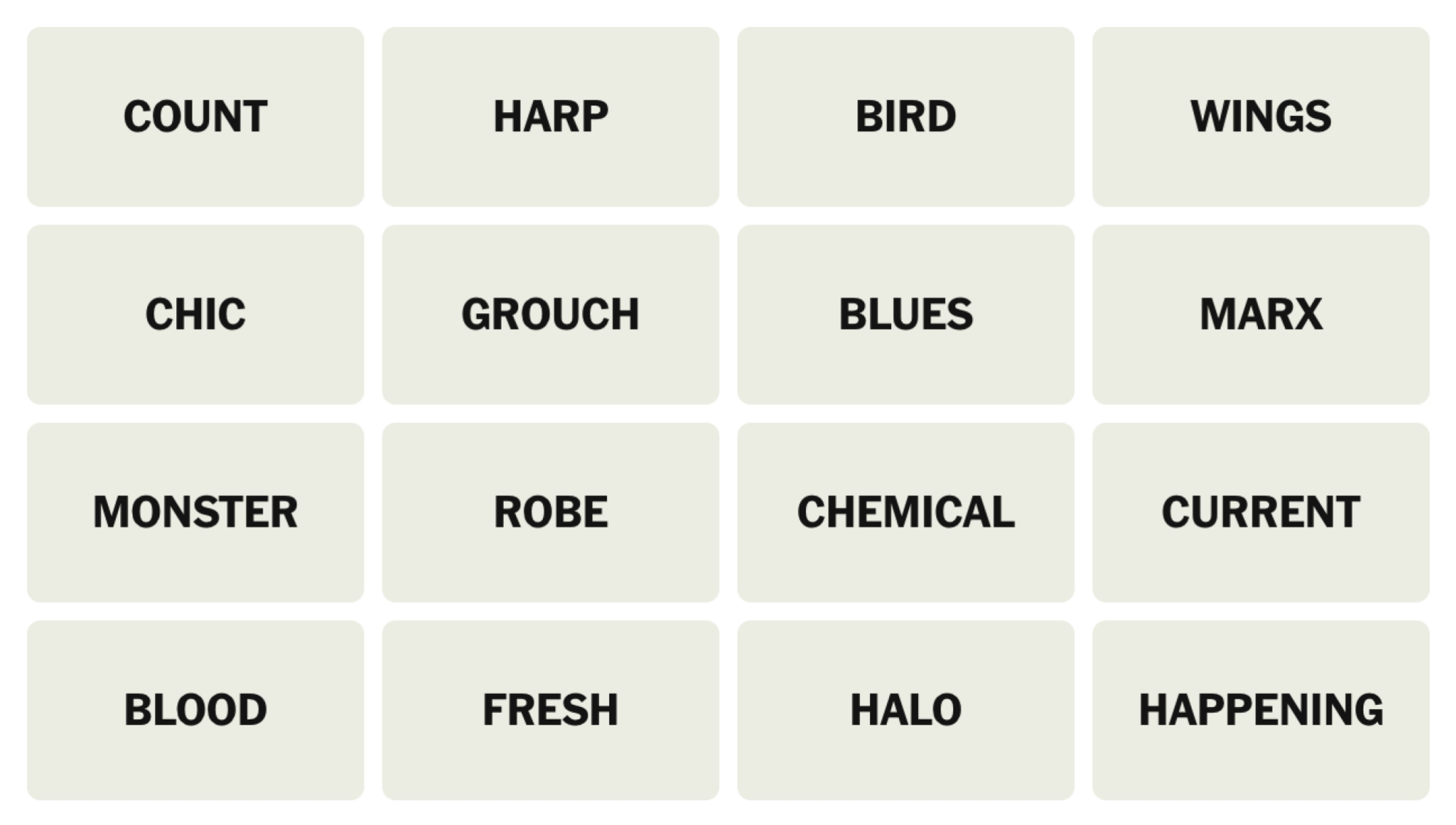 NYT Connections Board pour le 27 juin 2025: comte, harpe, oiseau, ailes, chic, grogne, blues, marx, monstre, robe, chimique, actuel, sang, frais, halo, se produire.