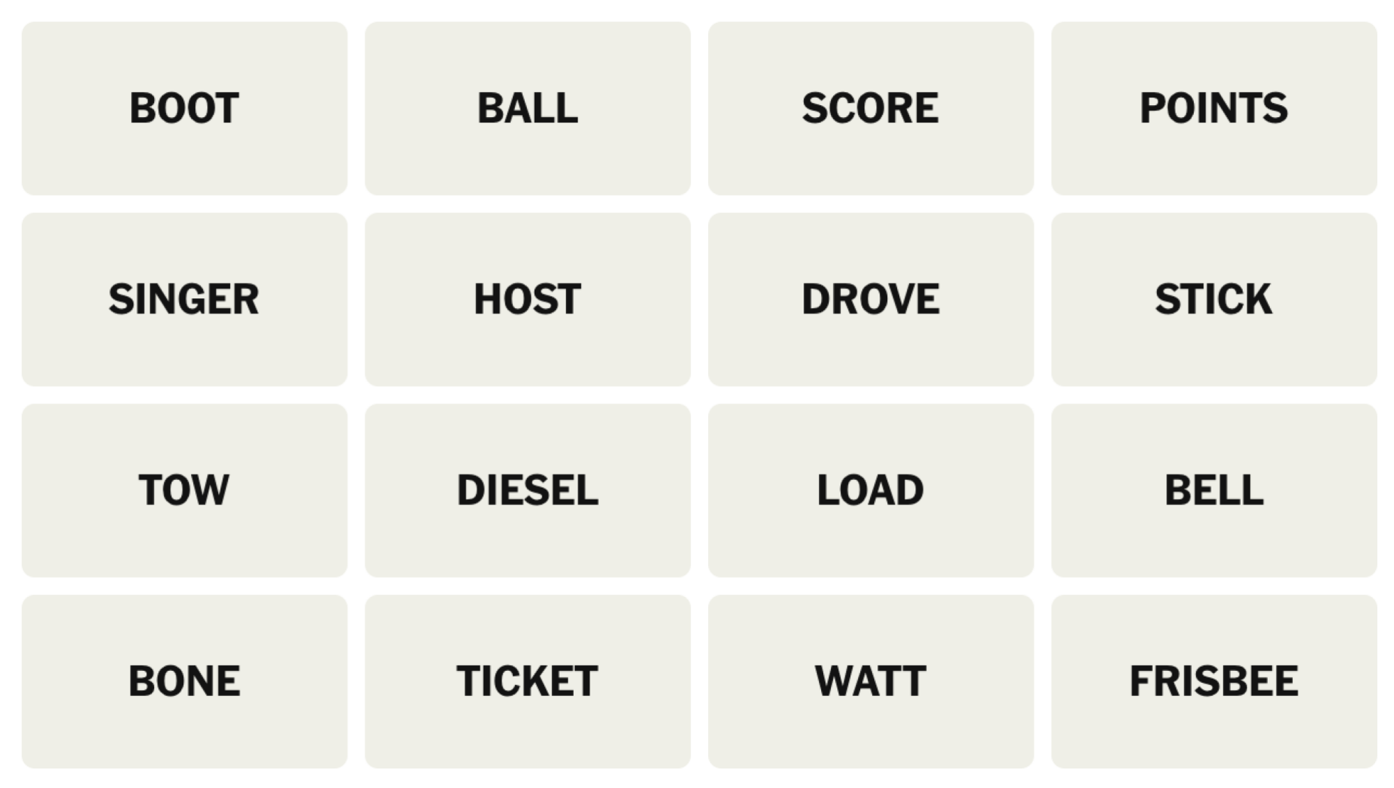 NYT Connections Board pour le 28 juin 2025: botte, balle, score, points, chanteur, hôte, conduit, bâton, remorquage, diesel, chargement, cloche, os, billet, watt, frisbee.
