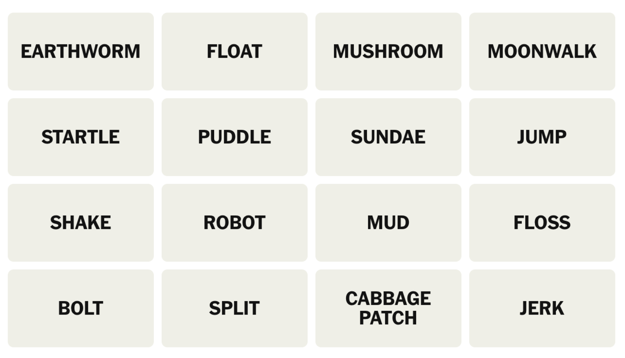 NYT Connections Board pour le 29 juin 2025: Terre, flottant, champignon, lune de lune, sursaut, flaque, sundae, saut, shake, robot, boue, soie dentaire, boulon, fente, patch de chou, jerk.