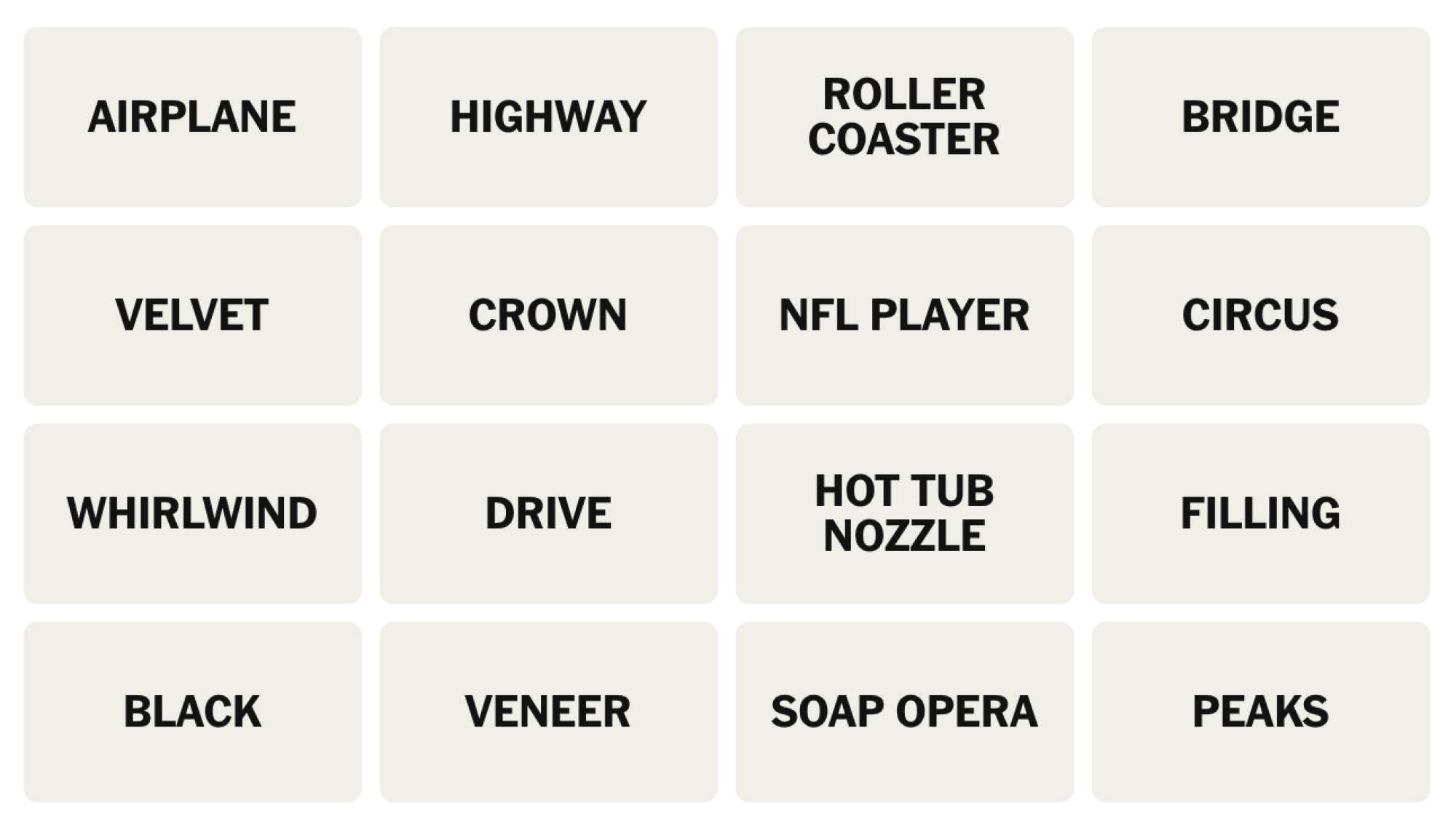 NYT Connections Board pour le 30 juin 2025: avion, autoroute, montagnes russes, pont, velours, couronne, joueur de la NFL, cirque, tourbillon, entraînement, buse à bain, remplissage, noir, placage, feuilleton, pics.