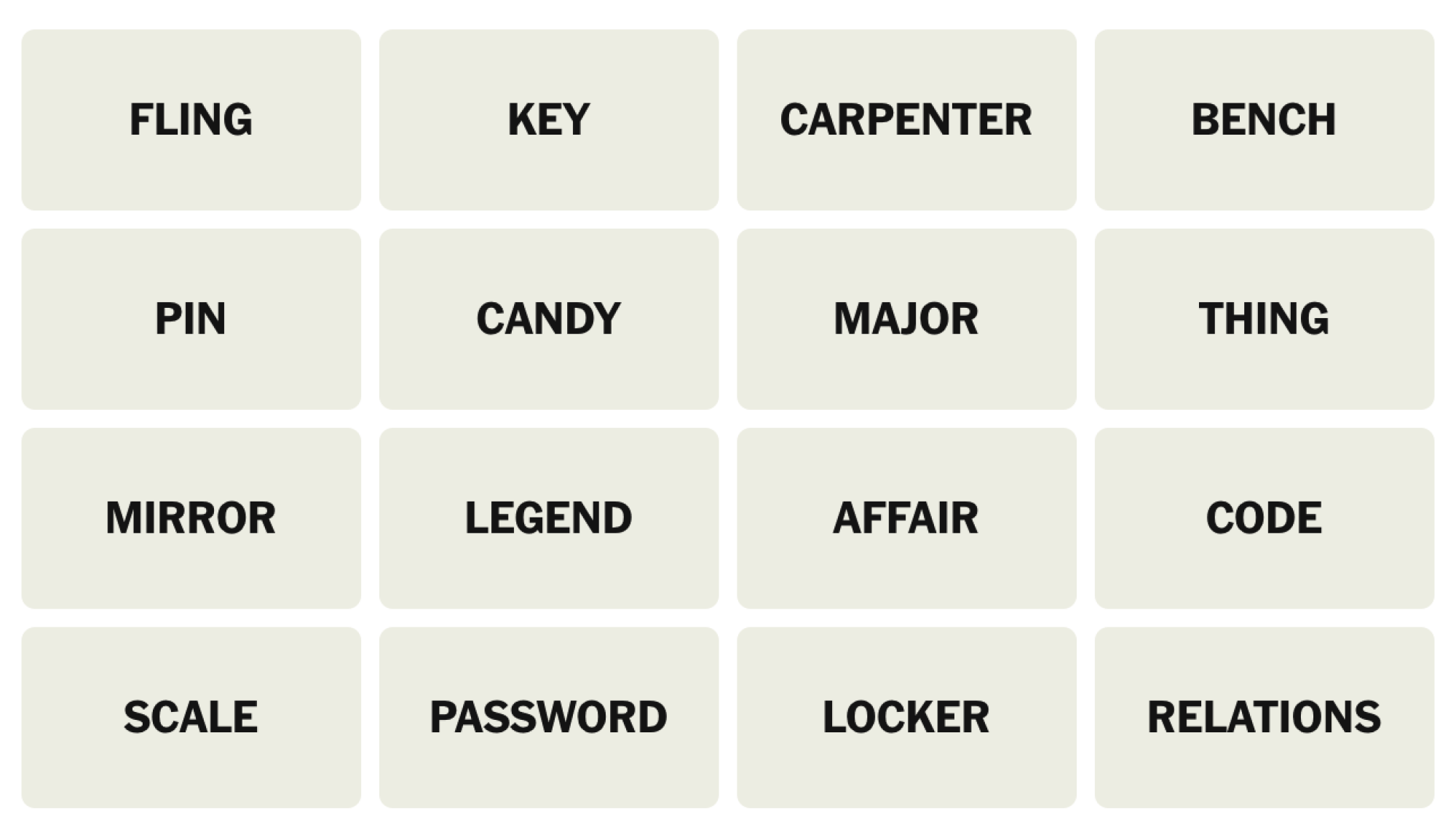 NYT Connections Board pour le 8 juillet 2025: Fling, Key, Carpenter, Banc, Pin, Candy, Major, Thing, Mirror, Legend, Affair, Code, Scale, Mot de passe, Locker, Relations.