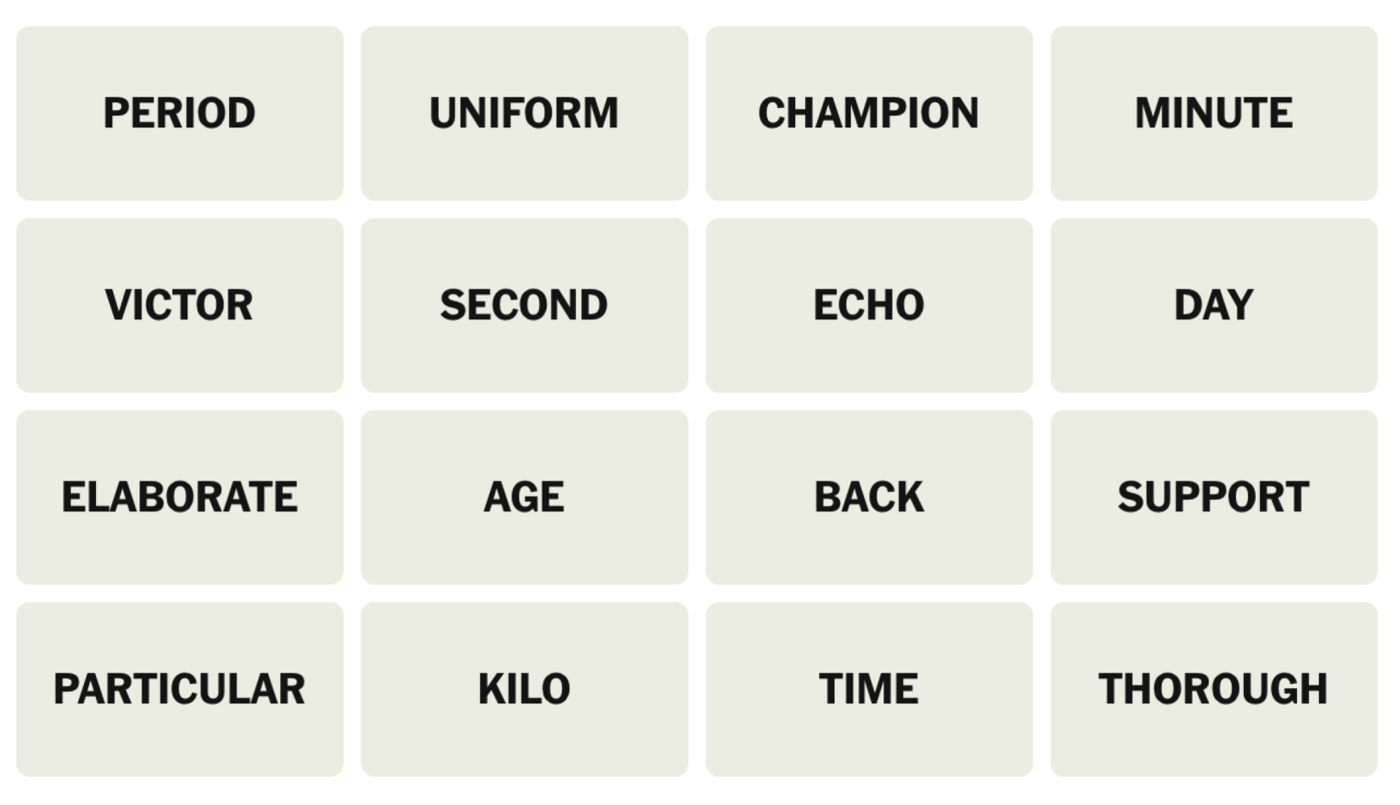 NYT Connections Board pour le 12 juillet 2025: période, uniforme, champion, minute, victor, deuxième, écho, jour, élaboré, âge, dos, soutien, particulier, kilo, temps, minutieux.