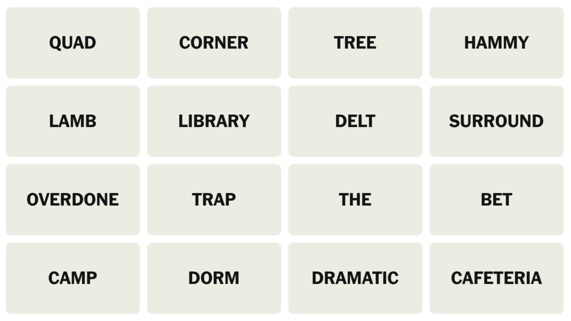 NYT Connections Board pour le 16 juillet 2025: Quad, Corner, Tree, Hammy, Agneau, Bibliothèque, Delt, Surround, Overdedone, Trap, The Bet, Camp, Dorm, Dramatic, Cafeteria.