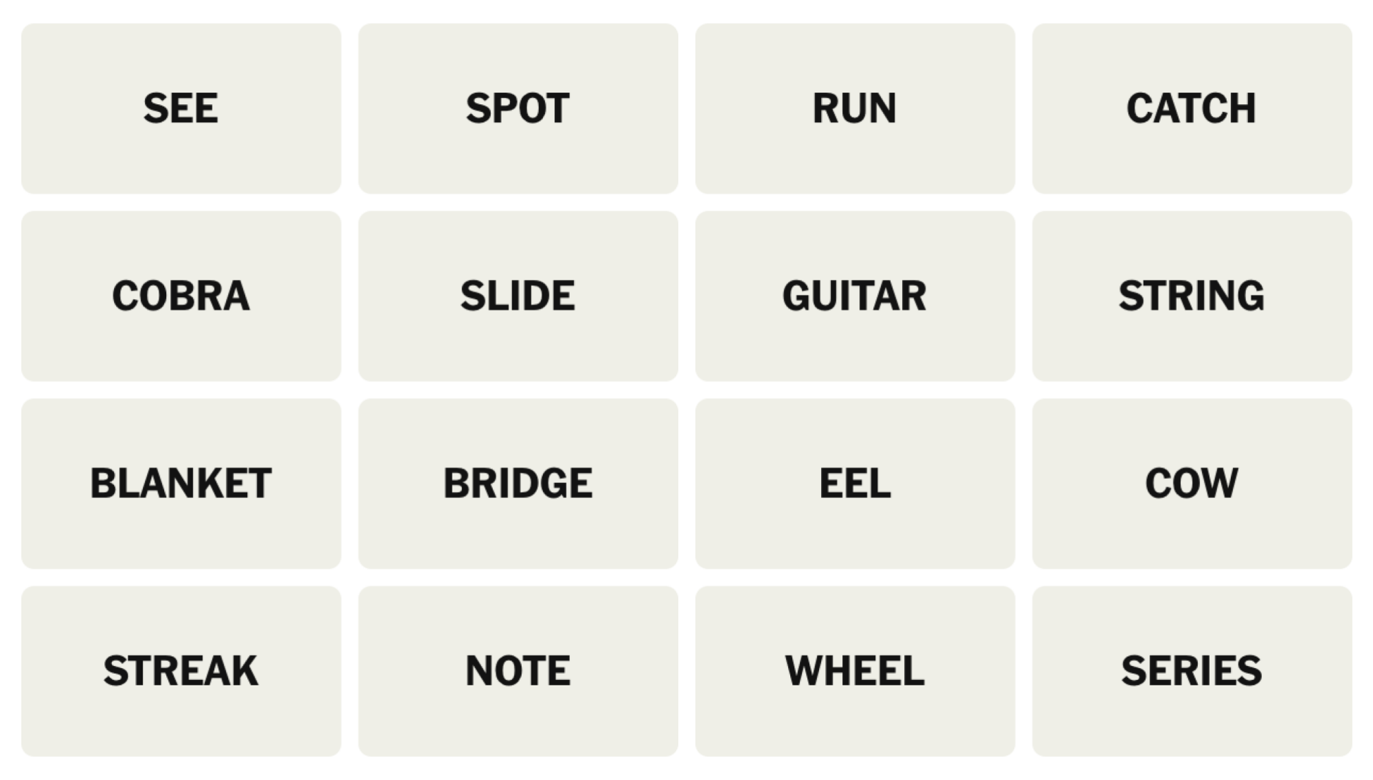 NYT Connections Board pour le 18 juillet 2025: Voir, spot, run, catch, cobra, diapositive, guitare, corde, couverture, pont, anguille, vache, séquence, note, roue, série.