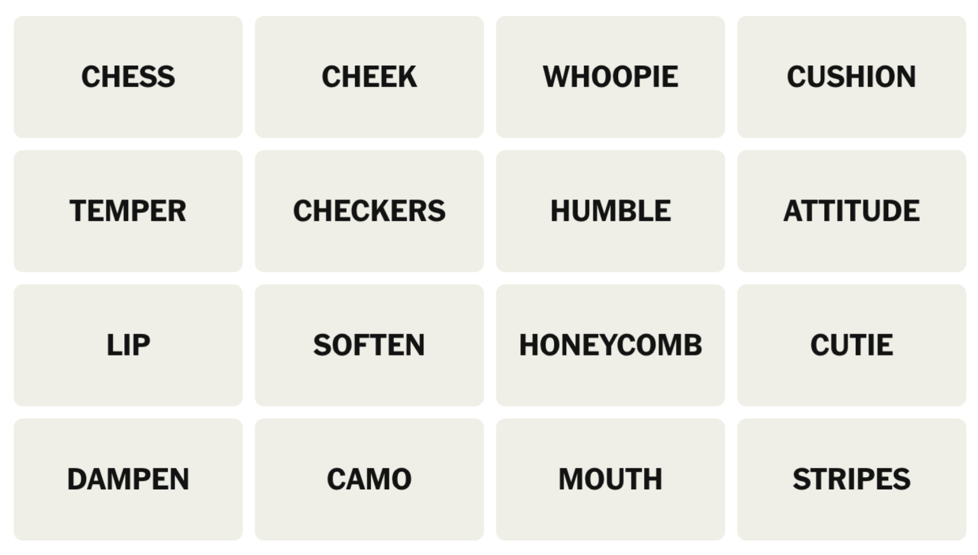 NYT Connections Board pour le 22 juillet 2025: échecs, joue, whoopie, coussin, tempérament, vérificateurs, humble, attitude, lèvre, ramolli, nid d'abeille, mignonne, amortissement, camouflage, bouche, rayures.