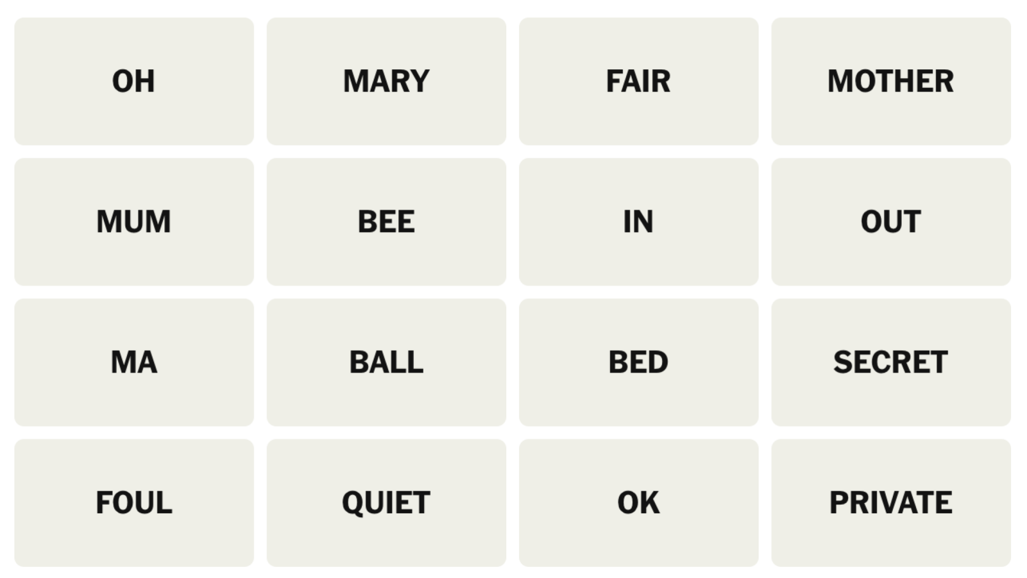 NYT Connections Board pour le 25 juillet 2025: Oh, Mary, Fair, mère, maman, abeille, in, out, ma, balle, lit, secret, faute, calme, ok, privé.