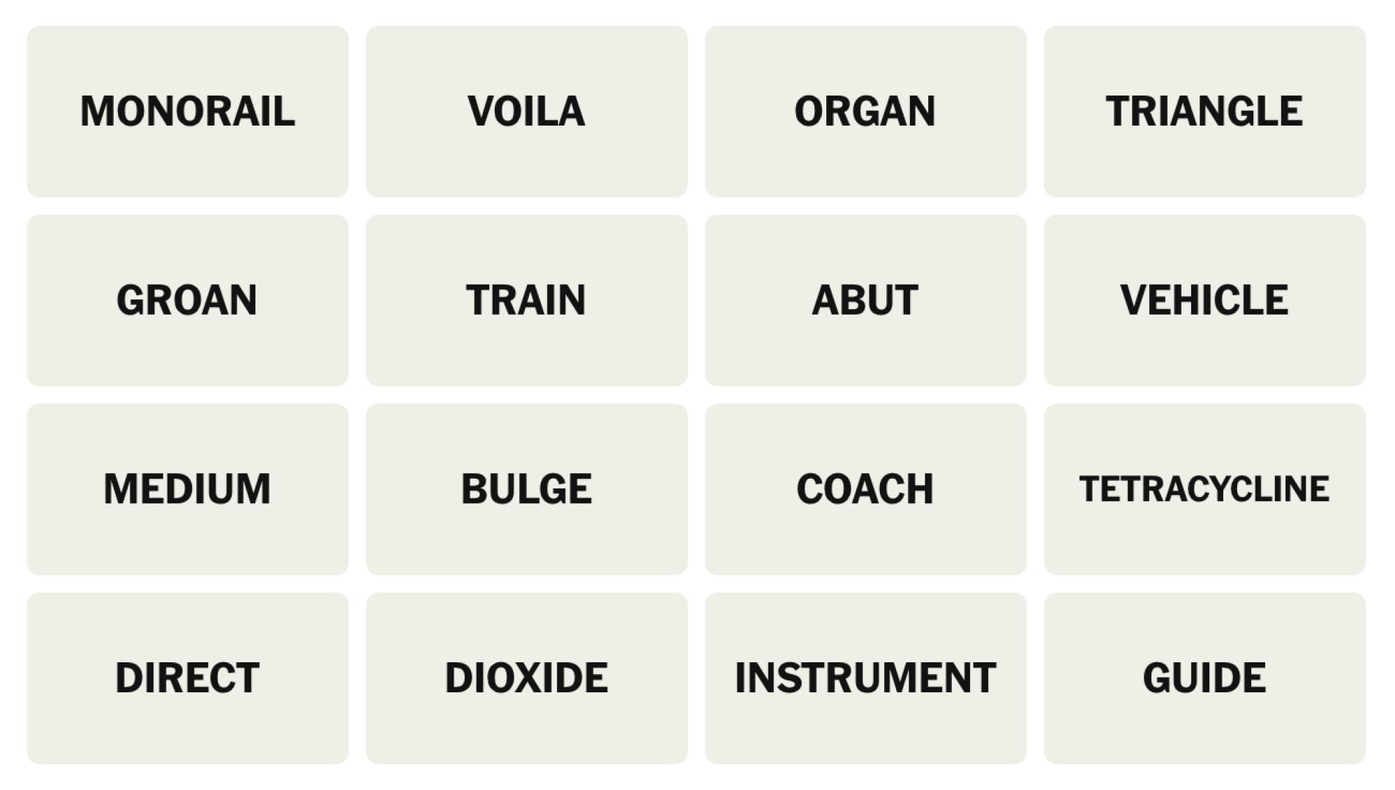 NYT Connections Board pour le 30 juillet 2025: Monorail, voila, orgue, triangle, gémissement, train, abut, véhicule, moyen, renflement, entraîneur, tétracycline, direct, dioxyde, instrument, guide.