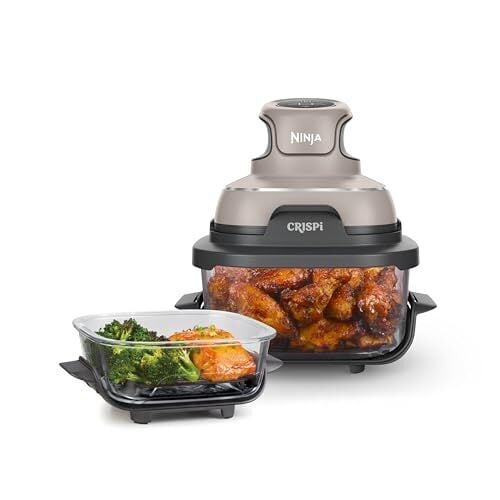 Ninja CRISPI 4-en-1 4 QT Système de cuisson à fryer en verre portable et récipients en verre à 6 tasses avec couvercles de stockage