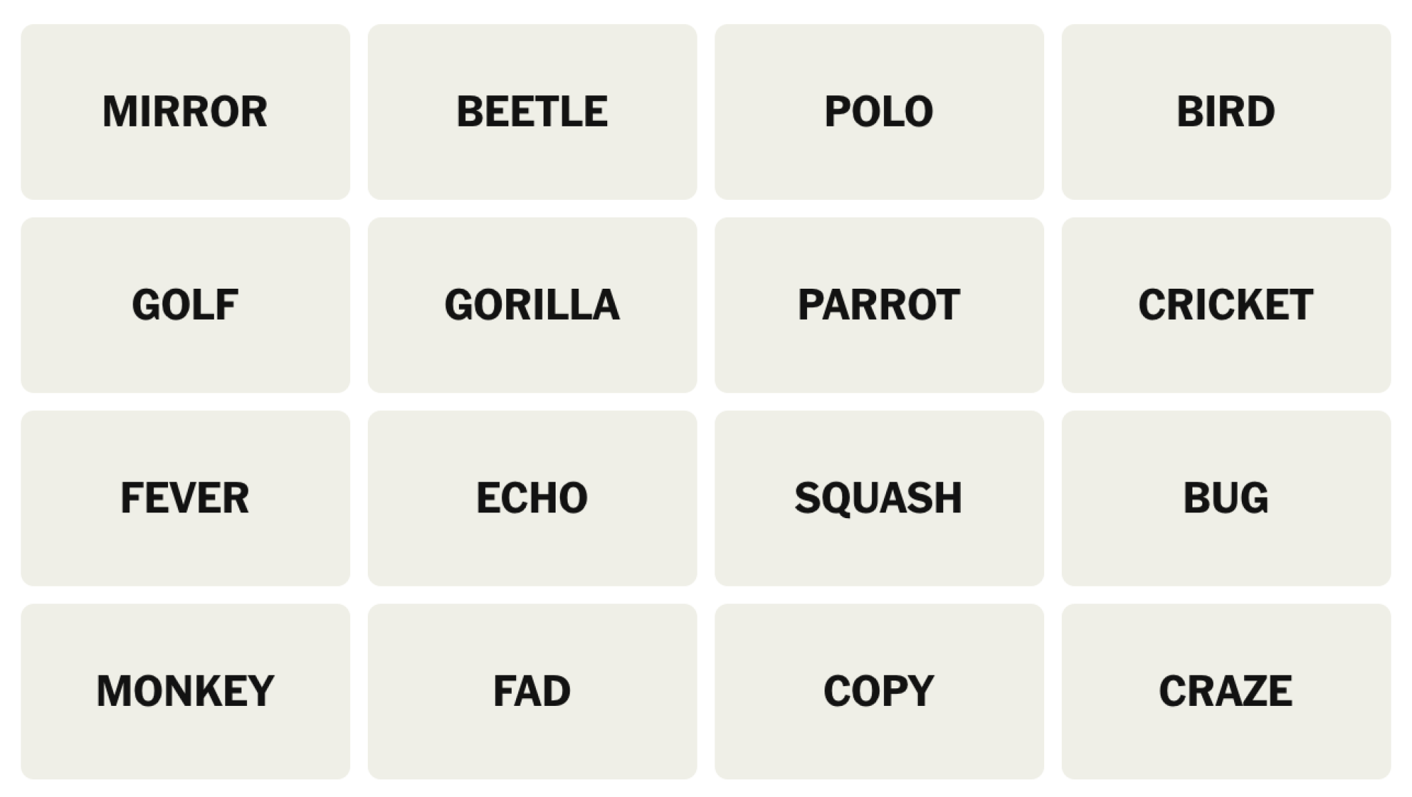 NYT Connections Board pour le 3 août 2025: miroir, scarabée, polo, oiseau, golf, gorille, perroquet, cricket, fièvre, écho, squash, bug, singe, mode, copie, engouement.