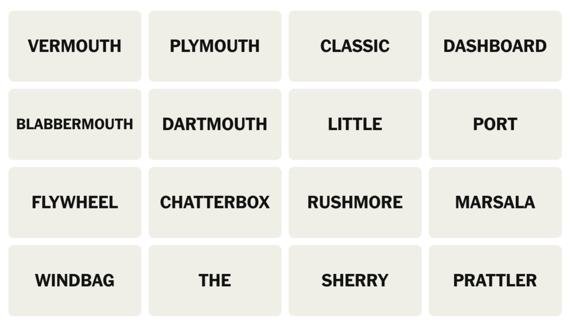 NYT Connections Board pour le 19 août 2025: Vermouth, Plymouth, classique, tableau de bord, Blabbermouth, Dartmouth, Little, Port, Flywheel, Chatterbox, Rushmore, Marsala, Windbag, The, Sherry, Prattler.
