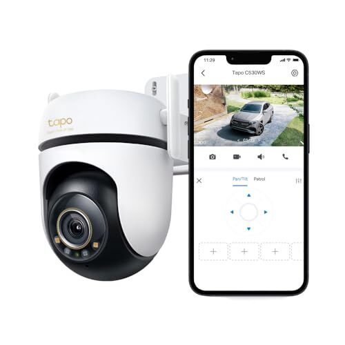 TAPO 3K 5MP Pan de sécurité extérieure / Caméra Wi-Fi de sécurité - Vue à 360 °, détection de personne / véhicule libre, vision nocturne de couleur Starlight, IP66, sons et alarme lumineuse, fonctionne avec Alexa et Google Home, Vistacam 360 °