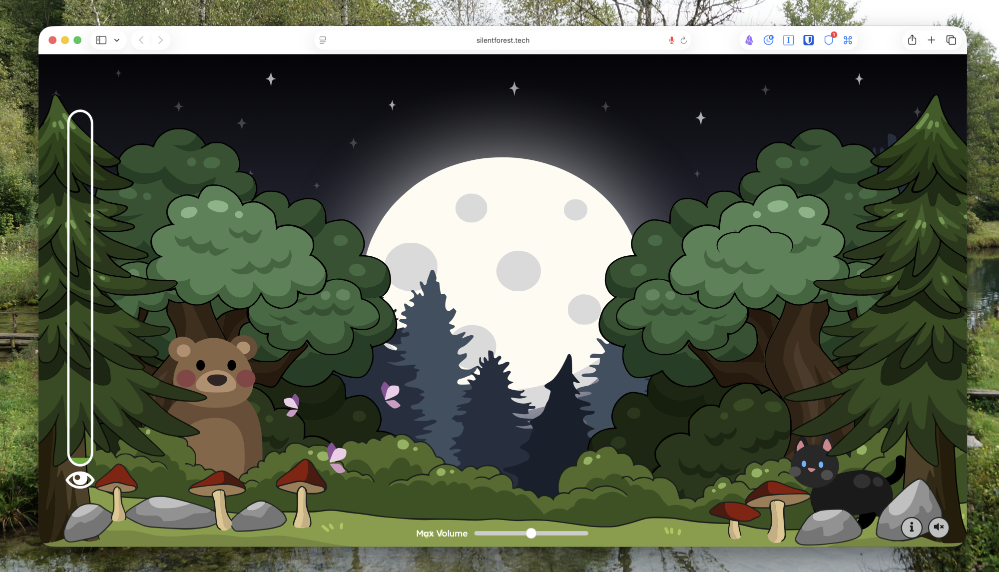 Une capture d'écran de Silent Forest présentant une forêt animée avec un ours et un chat. Il fonctionne dans Safari sur un Mac.