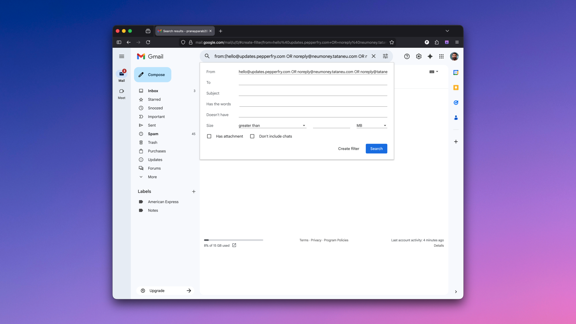Création de filtres dans Gmail.