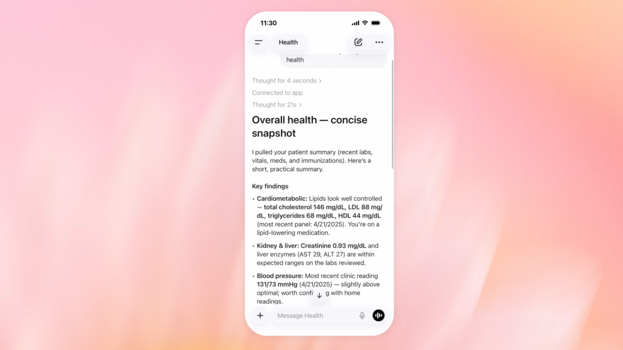 Une capture d'écran de l'application de santé Chatgpt proposant d'analyser les données personnelles d'une personne. "état de santé général"