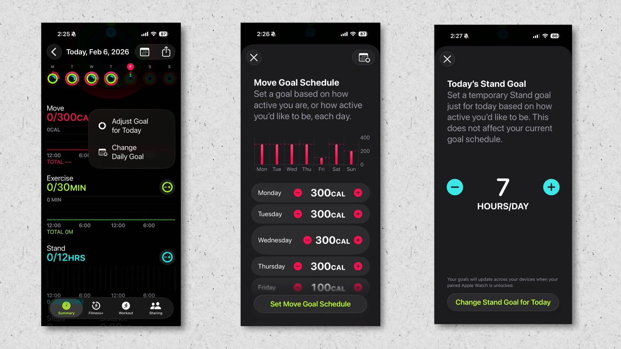 Captures d'écran montrant comment ajuster les objectifs du ring