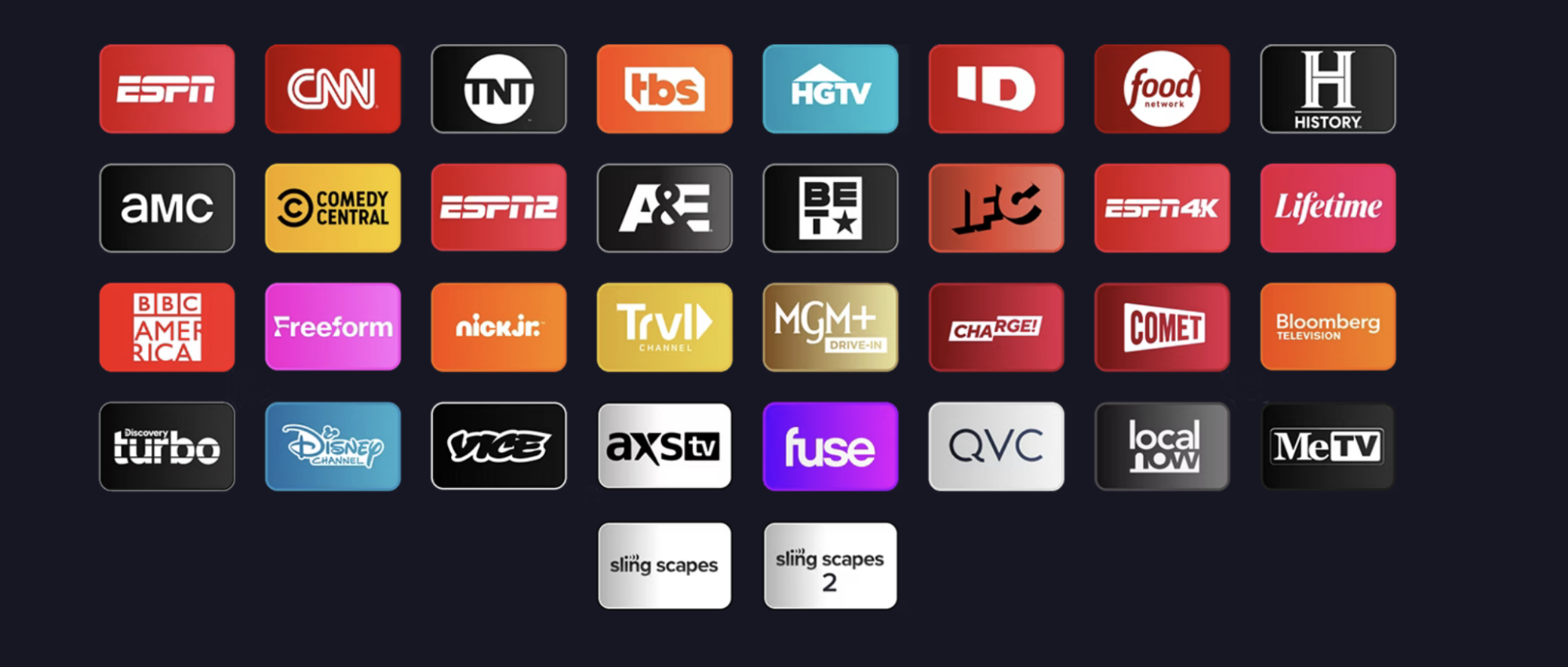 Icônes pour toutes les chaînes proposées par Sling's One Day Pass