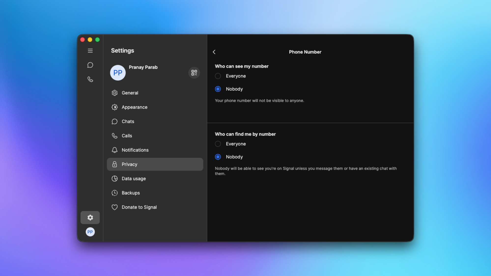 Masquer le numéro de téléphone sur Signal pour Mac.