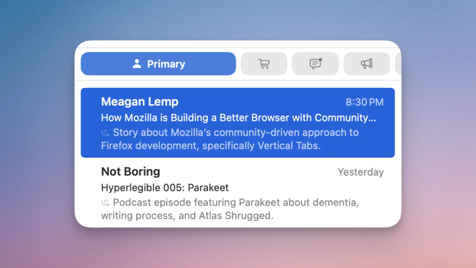 Interface des catégories dans Apple Mail.