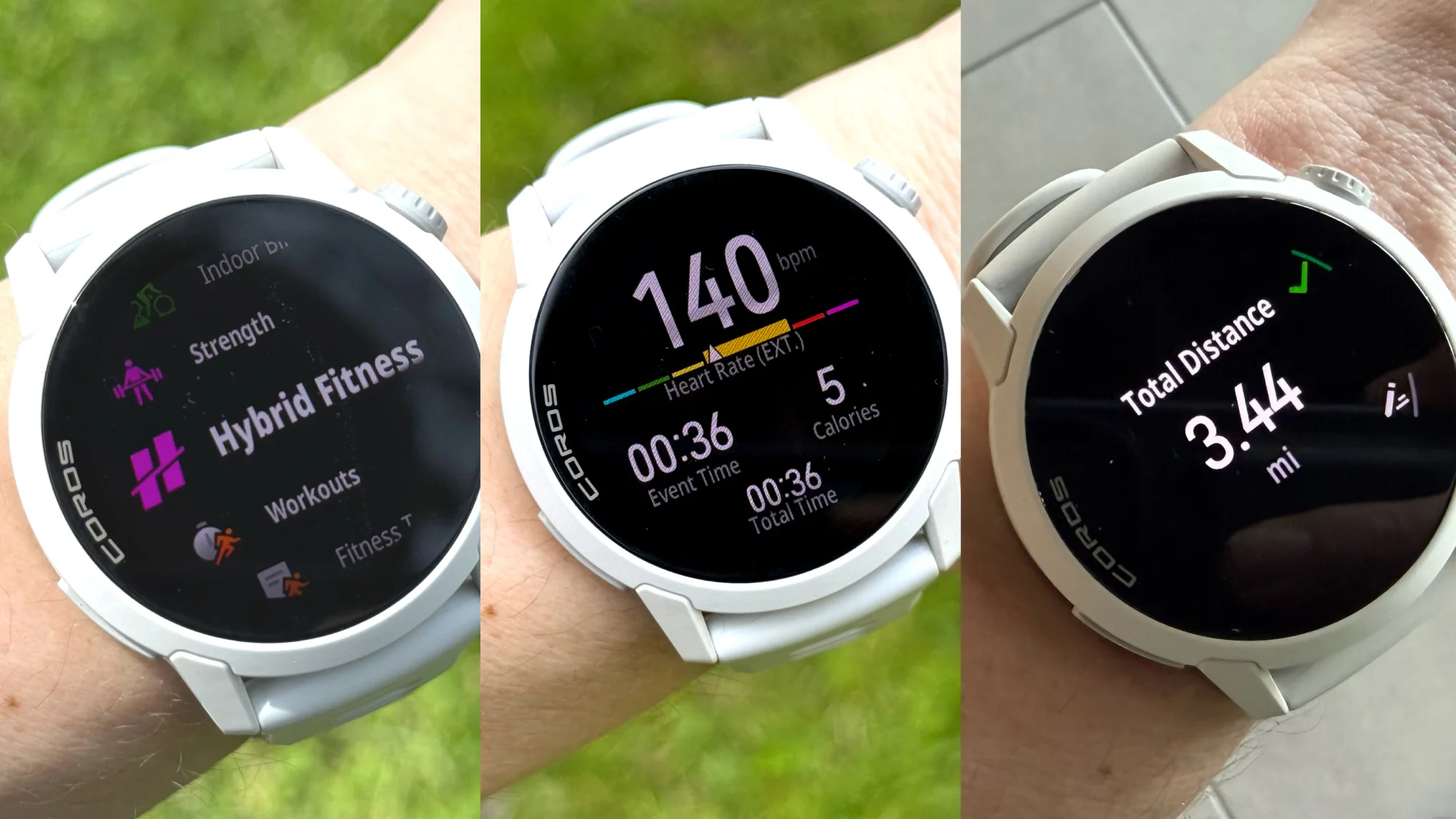 Coros Pace 4 affichant la sélection du mode de fitness hybride, l'écran pendant l'entraînement et la distance totale de course à la fin