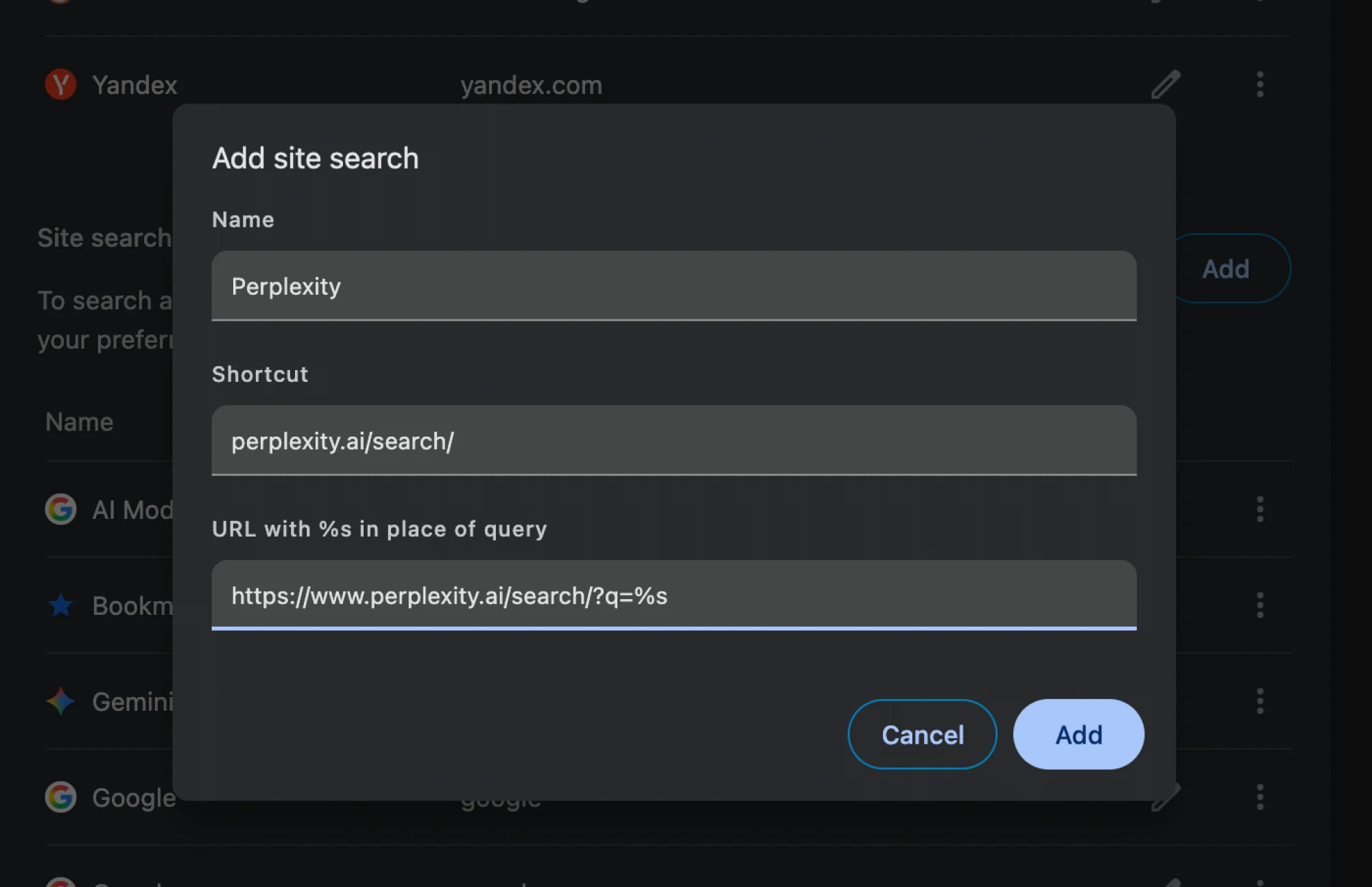 Perpelxity Search est ajouté comme moteur de recherche à Chrome.
