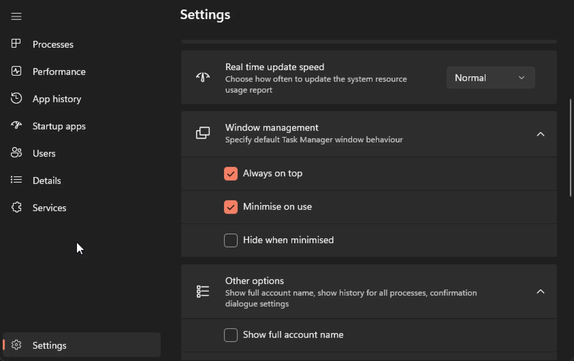 Paramètres du Gestionnaire des tâches dans Windows 11.