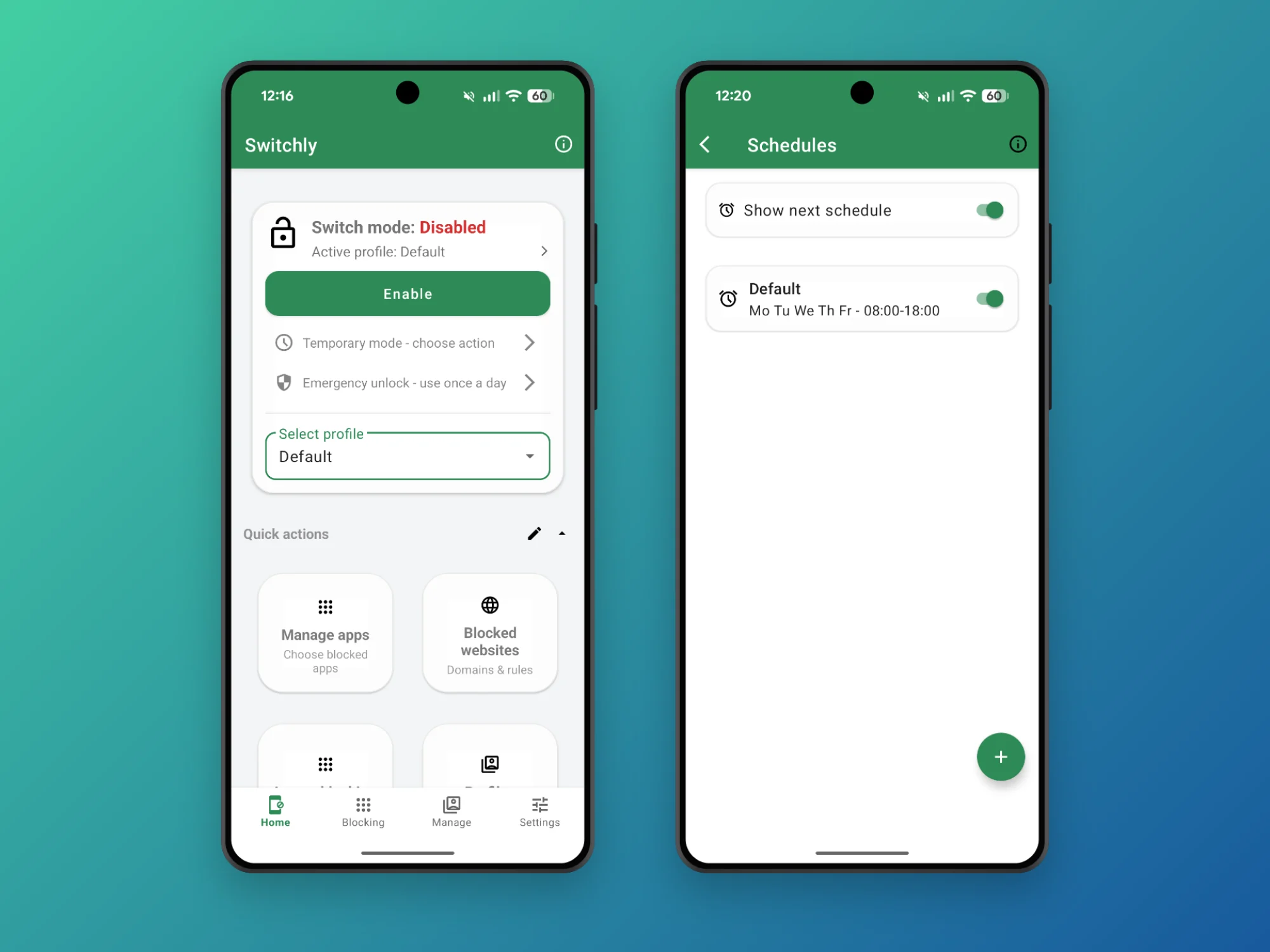 Tableau de bord Switchly pour activer la fonctionnalité et les horaires.